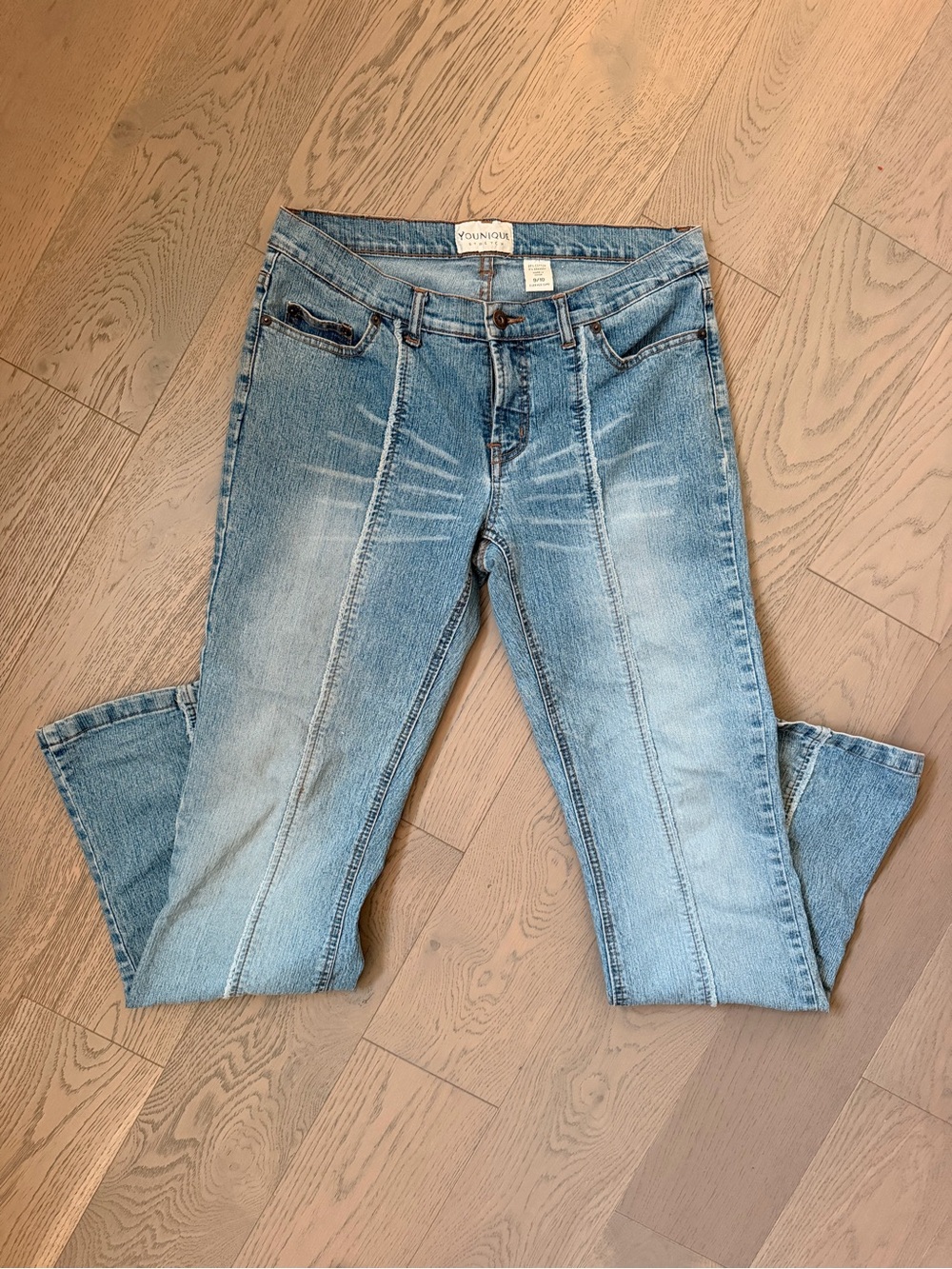 Y2K Younique Stretch Jeans Womens 9/10 Light Wash Whiskered Seamed Bootcut
